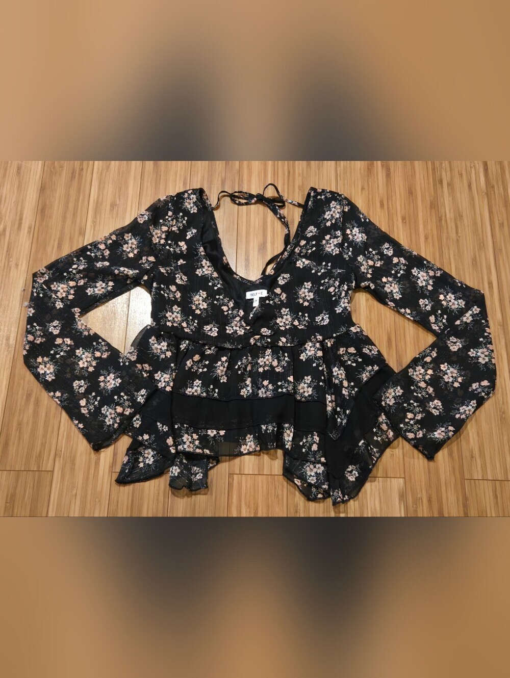 NWT Self Esteem Black Floral Ruffle Peplum Tie-Back Blouse